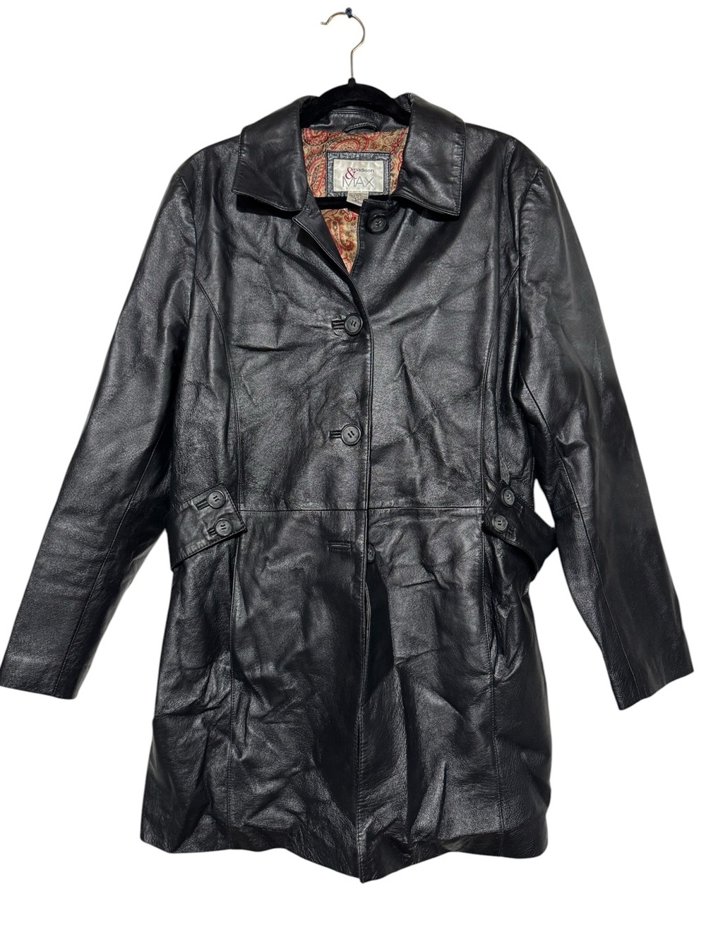 Madison & Max Black Leather Coat Size XL Fall Long Trench Western Classic